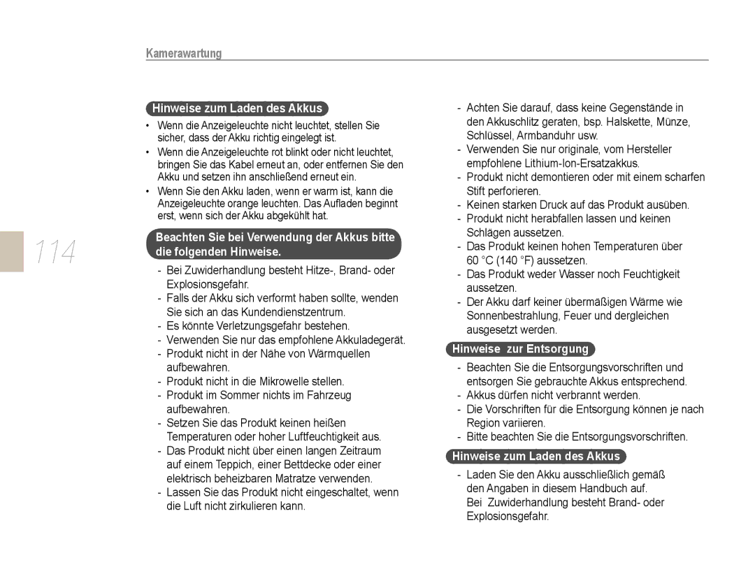 Samsung EV-NX5ZZZBABDE manual 114, Beachten Sie bei Verwendung der Akkus bitte, Die folgenden Hinweise 