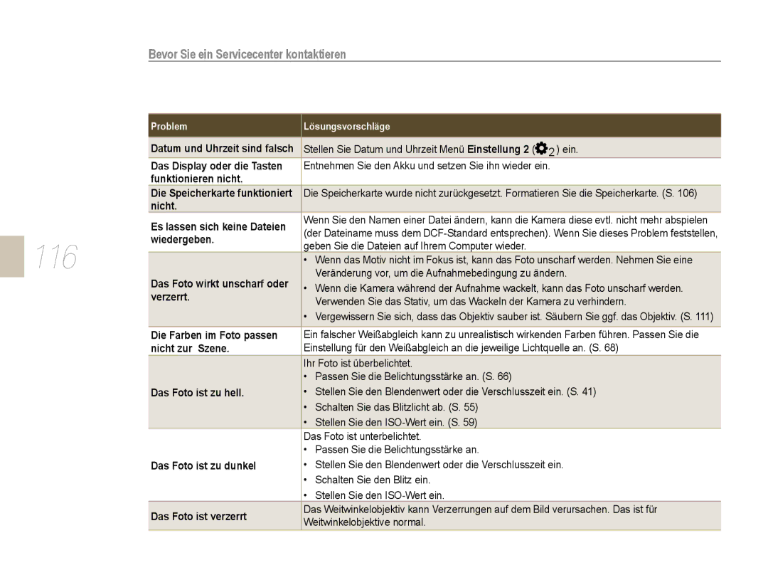 Samsung EV-NX5ZZZBABDE manual 116, Bevor Sie ein Servicecenter kontaktieren 