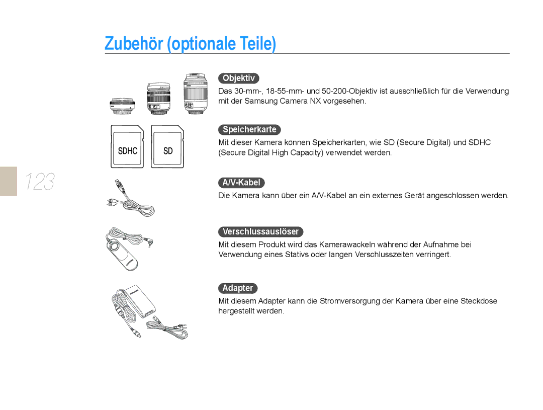 Samsung EV-NX5ZZZBABDE manual Zubehör optionale Teile, Objektiv, Speicherkarte, Verschlussauslöser, Adapter 