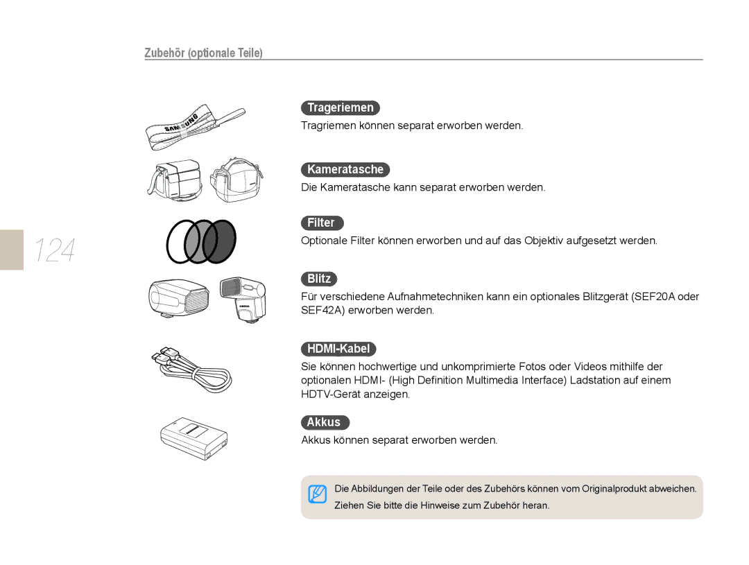 Samsung EV-NX5ZZZBABDE manual Zubehör optionale Teile 