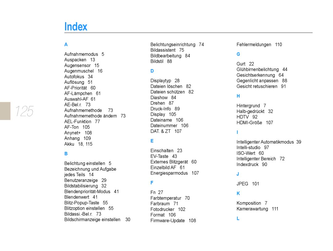 Samsung EV-NX5ZZZBABDE manual Index, Hintergrund Halb-gedrückt32 