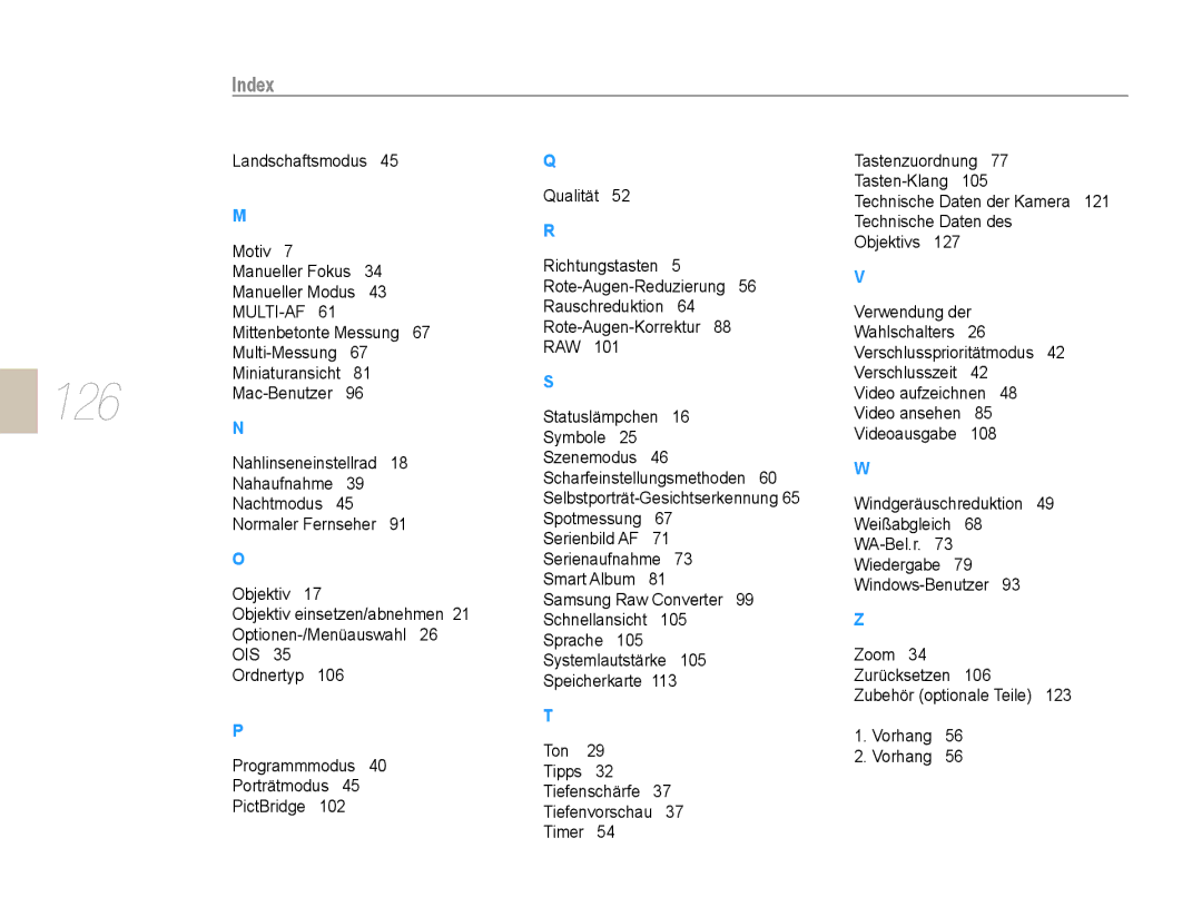 Samsung EV-NX5ZZZBABDE manual 126, Index 