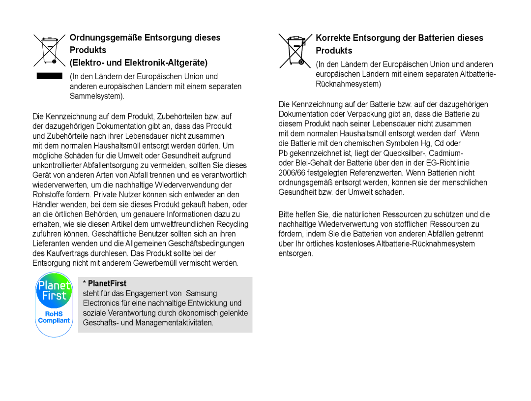 Samsung EV-NX5ZZZBABDE manual Korrekte Entsorgung der Batterien dieses Produkts, PlanetFirst 