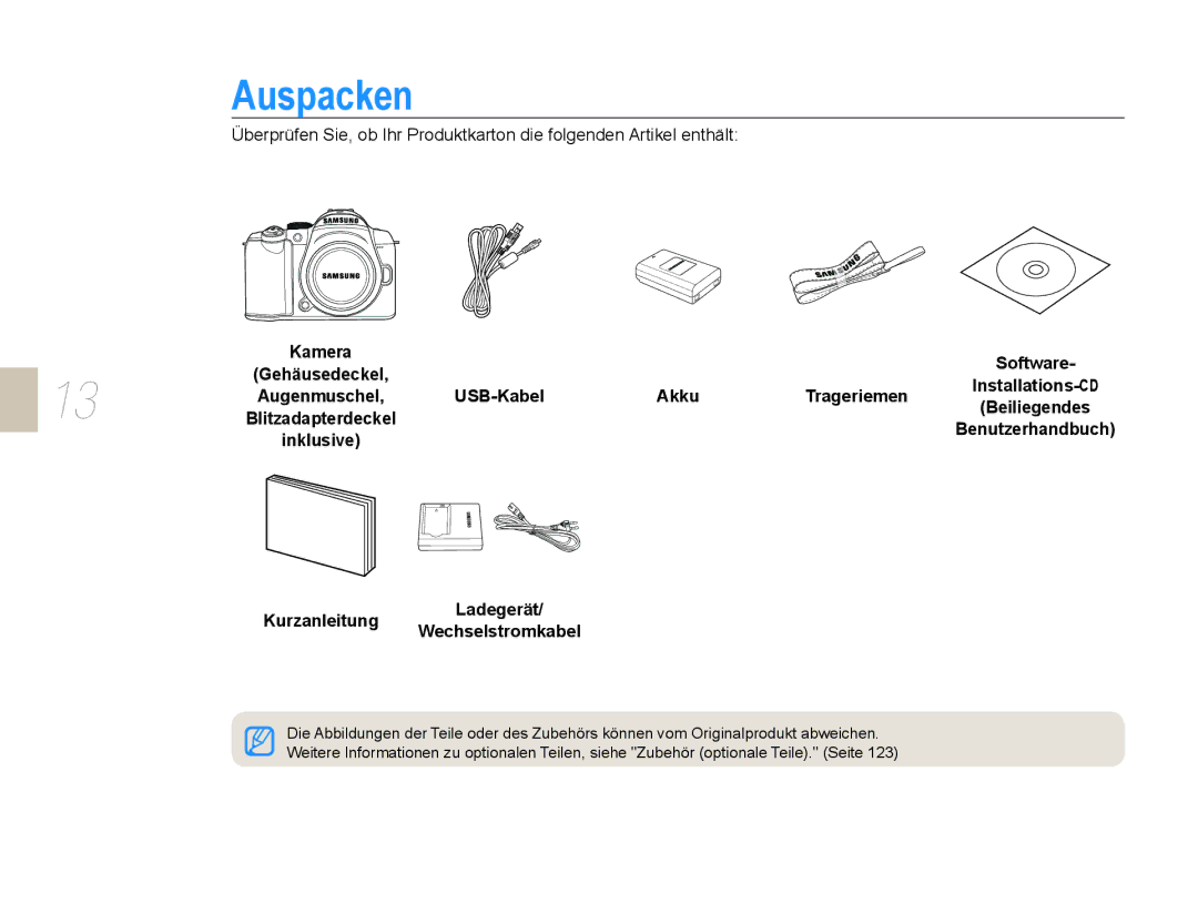 Samsung EV-NX5ZZZBABDE manual Auspacken, USB-Kabel Akku Trageriemen, Kurzanleitung Ladegerät Wechselstromkabel 