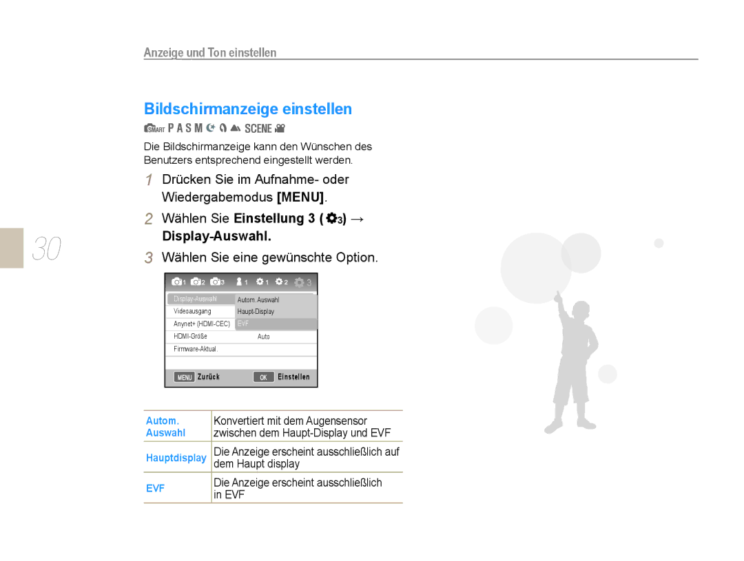 Samsung EV-NX5ZZZBABDE Bildschirmanzeige einstellen, Drücken Sie im Aufnahme- oder, Konvertiert mit dem Augensensor, Evf 