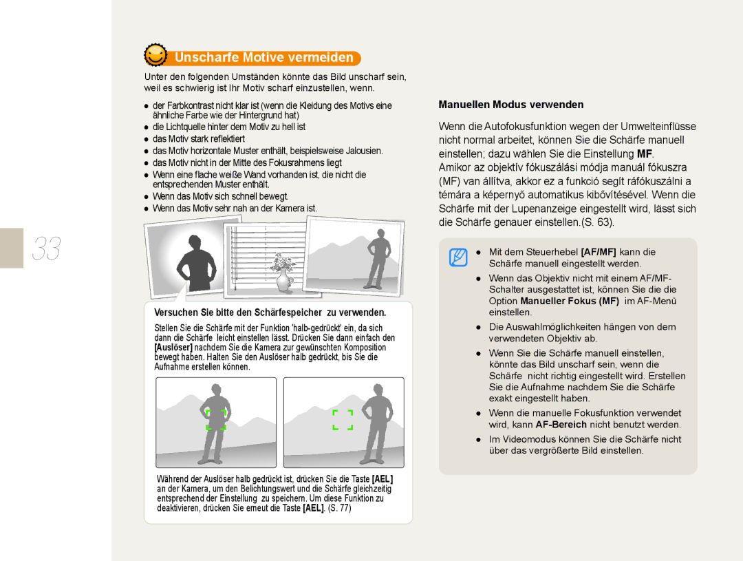 Samsung EV-NX5ZZZBABDE manual Unscharfe Motive vermeiden, Manuellen Modus verwenden 