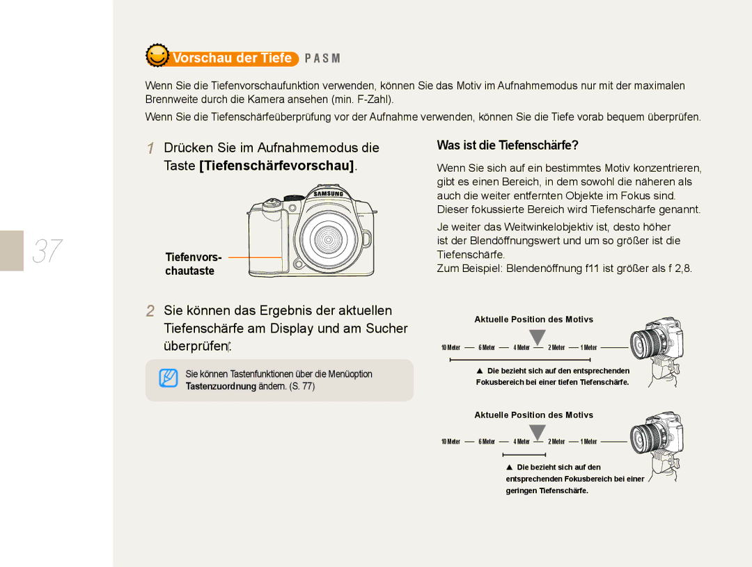 Samsung EV-NX5ZZZBABDE manual Sie können das Ergebnis der aktuellen, Tiefenschärfe am Display und am Sucher, Überprüfen‎ 