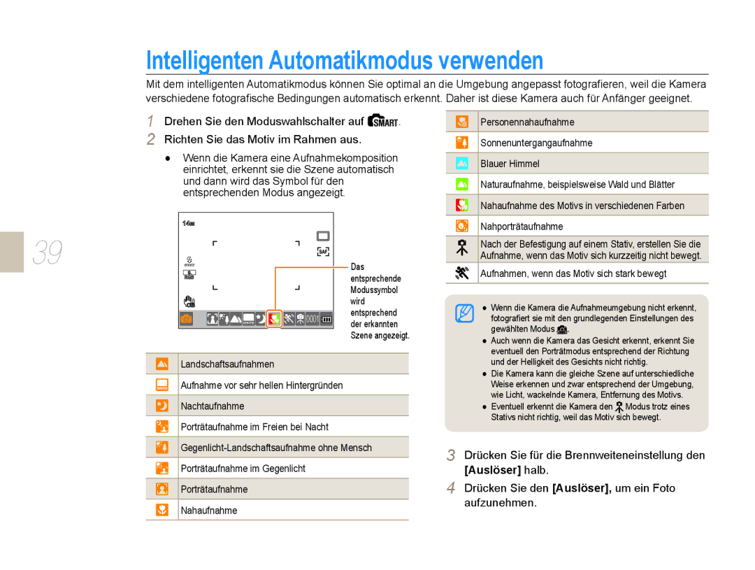 Samsung EV-NX5ZZZBABDE manual Intelligenten Automatikmodus verwenden, Drücken Sie den Auslöser, um ein Foto aufzunehmen 