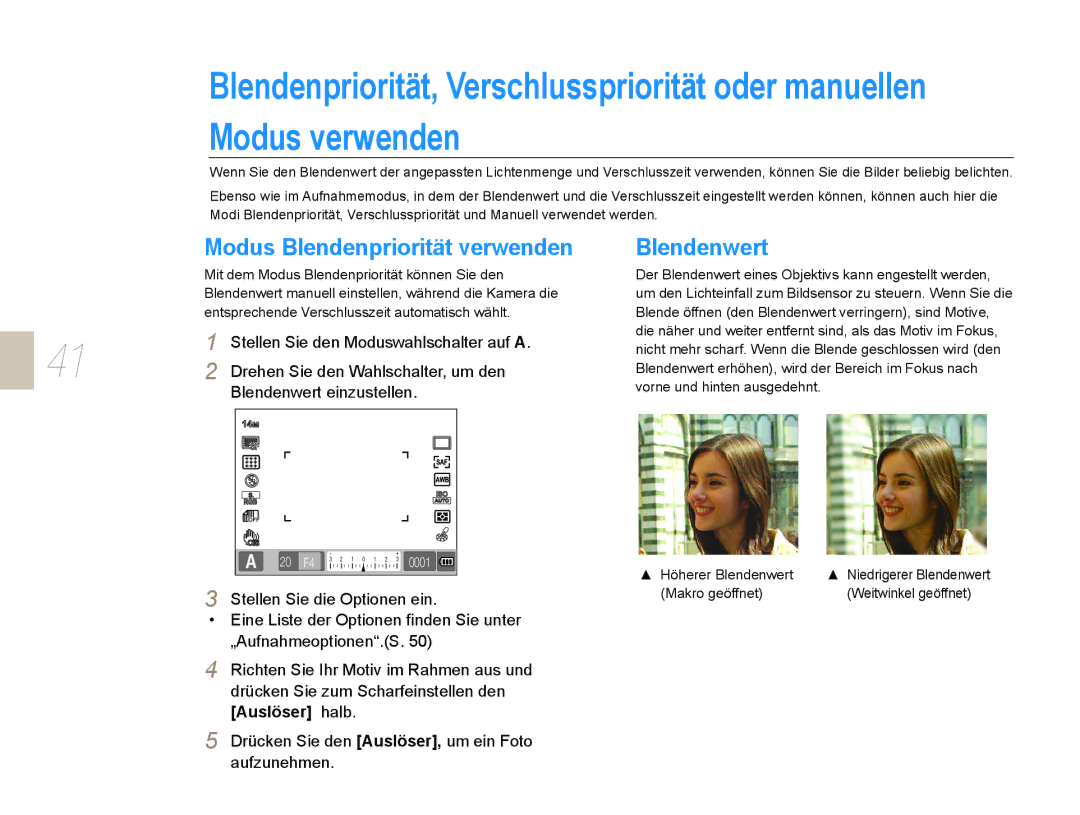 Samsung EV-NX5ZZZBABDE manual Blendenwert, Modus Blendenpriorität verwenden, Stellen Sie den Moduswahlschalter auf a 