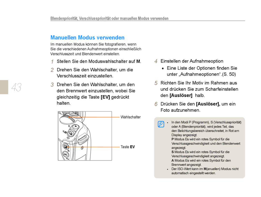 Samsung EV-NX5ZZZBABDE manual Manuellen Modus verwenden, Taste EV 