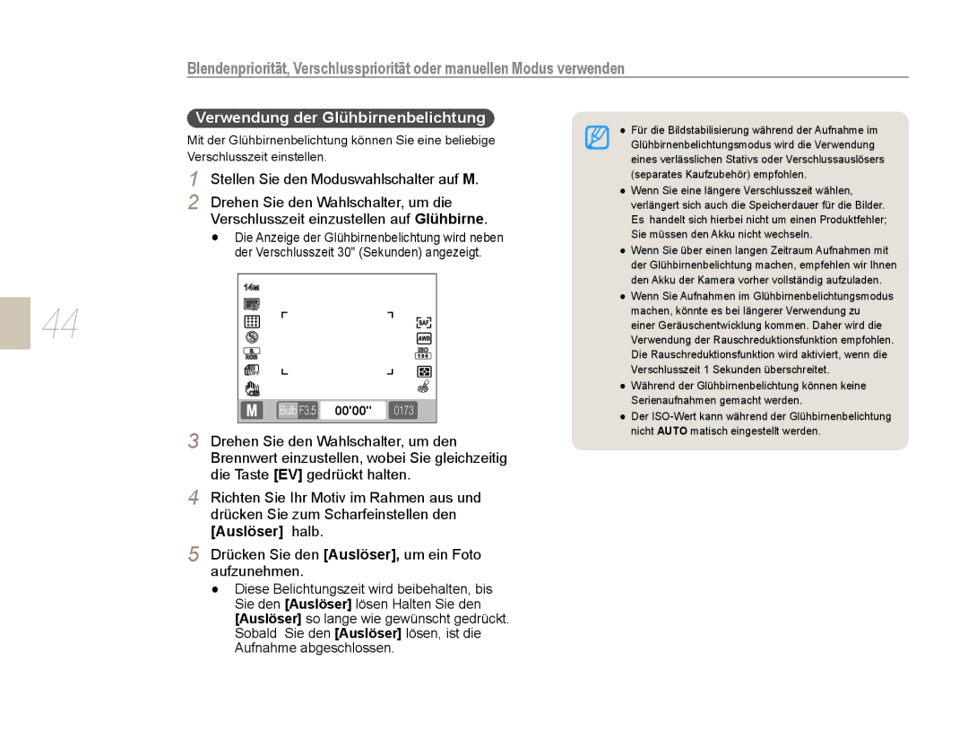 Samsung EV-NX5ZZZBABDE manual Verwendung der Glühbirnenbelichtung 