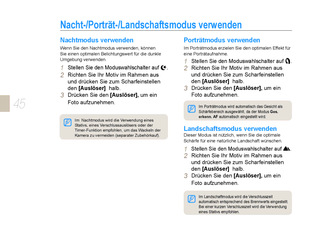 Samsung EV-NX5ZZZBABDE manual Nacht-/Porträt-/Landschaftsmodus verwenden, Nachtmodus verwenden Porträtmodus verwenden 