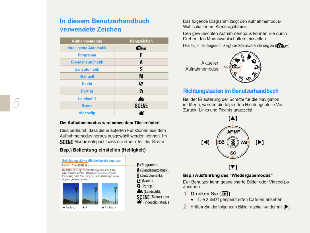 Samsung EV-NX5ZZZBABDE manual Diesem Benutzerhandbuch verwendete Zeichen, Richtungstasten im Benutzerhandbuch 