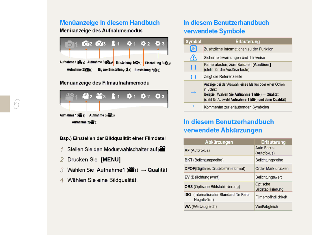 Samsung EV-NX5ZZZBABDE manual Menüanzeige in diesem Handbuch, Diesem Benutzerhandbuch verwendete Symbole 