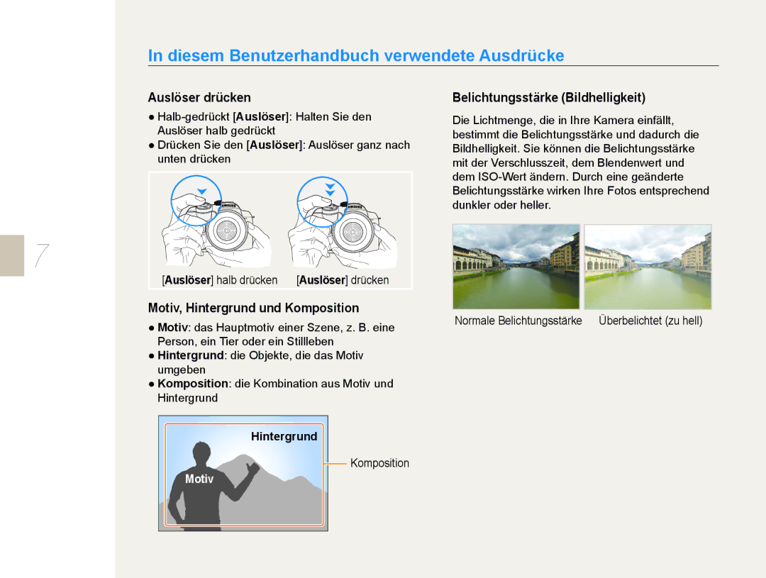 Samsung EV-NX5ZZZBABDE Diesem Benutzerhandbuch verwendete Ausdrücke, Auslöser drücken, Motiv, Hintergrund und Komposition 