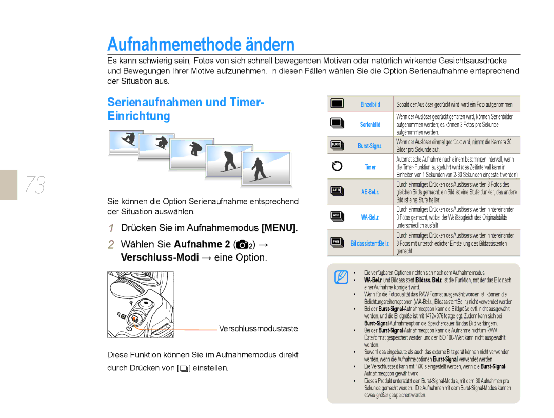 Samsung EV-NX5ZZZBABDE manual Aufnahmemethode ändern, Serienaufnahmen und Timer, Einrichtung, Verschluss-Modi → eine Option 