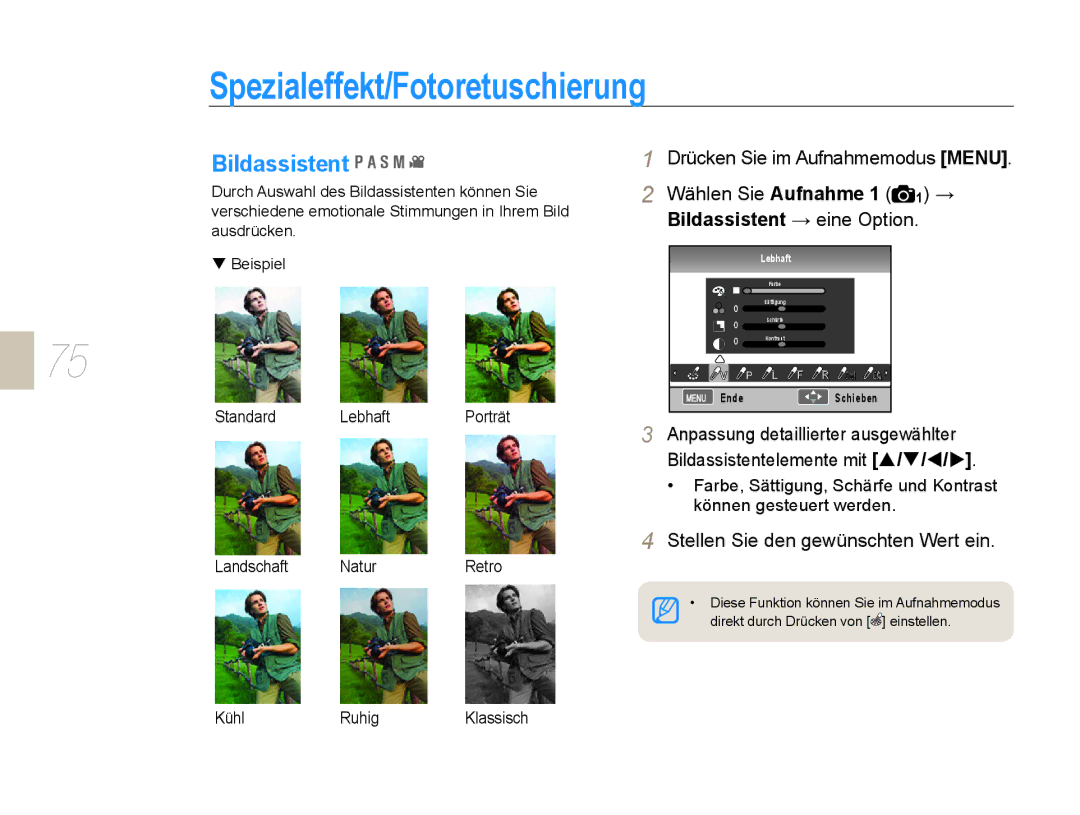 Samsung EV-NX5ZZZBABDE manual Spezialeffekt/Fotoretuschierung, Bildassistent, Stellen Sie den gewünschten Wert ein 