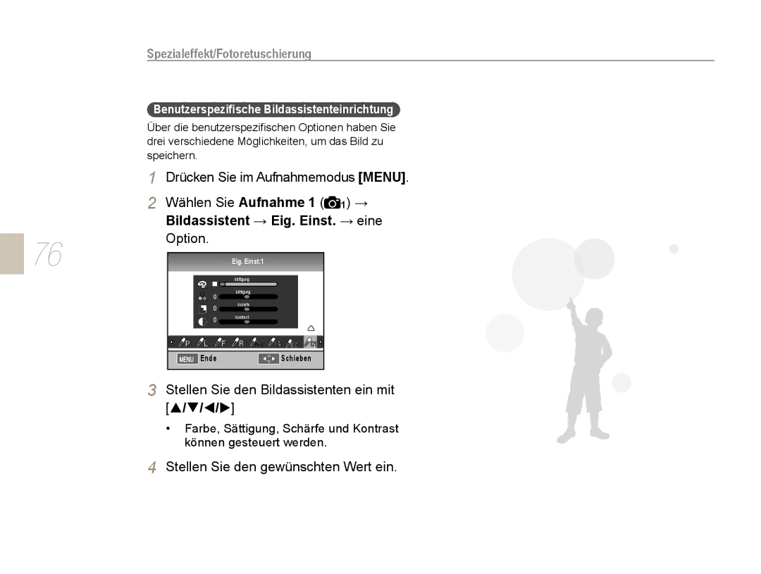 Samsung EV-NX5ZZZBABDE manual Spezialeffekt/Fotoretuschierung, Bildassistent → Eig. Einst. → eine, Option 