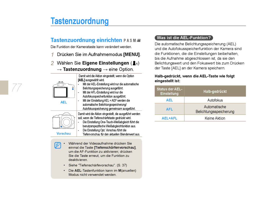 Samsung EV-NX5ZZZBABDE manual Tastenzuordnung einrichten, Was ist die AEL-Funktion?, Halb-gedrückt 