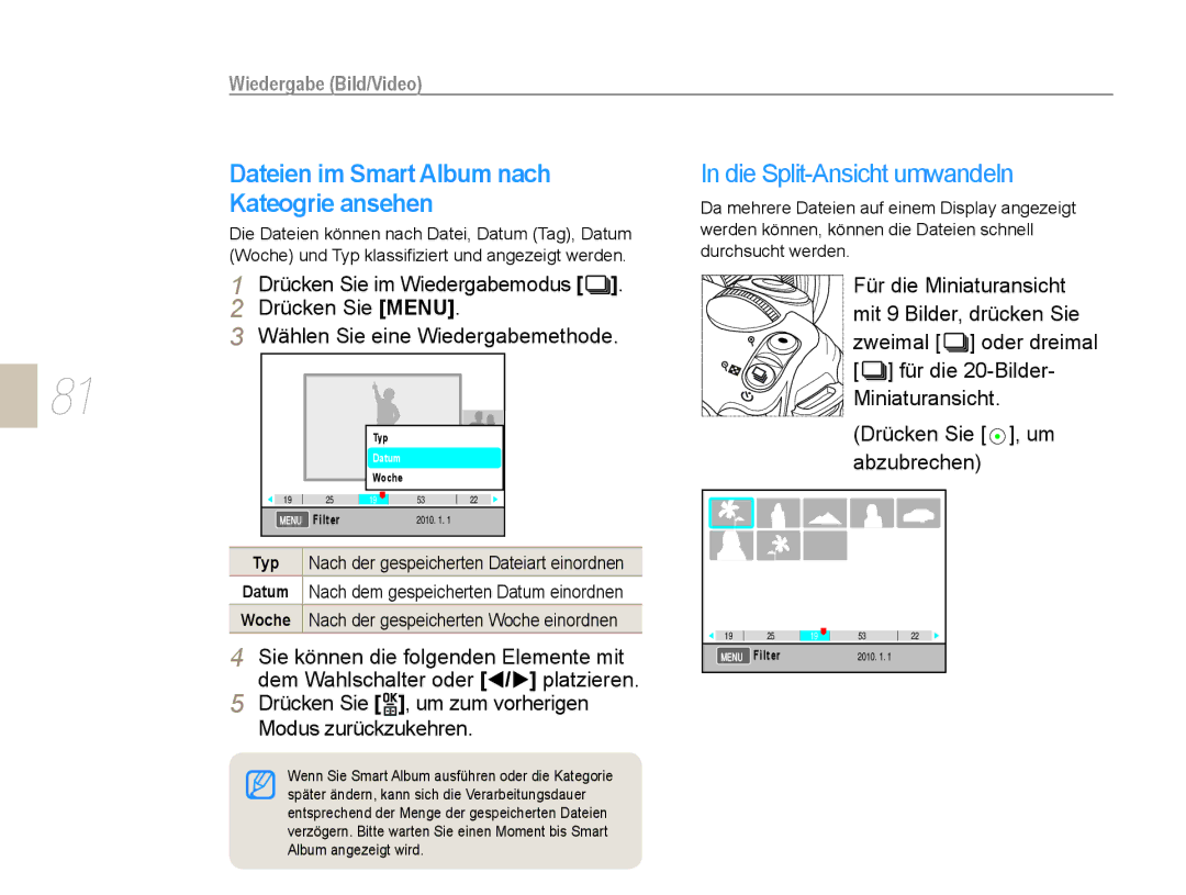 Samsung EV-NX5ZZZBABDE manual Dateien im Smart Album nach Kateogrie ansehen, Typ, Nach der gespeicherten Woche einordnen 