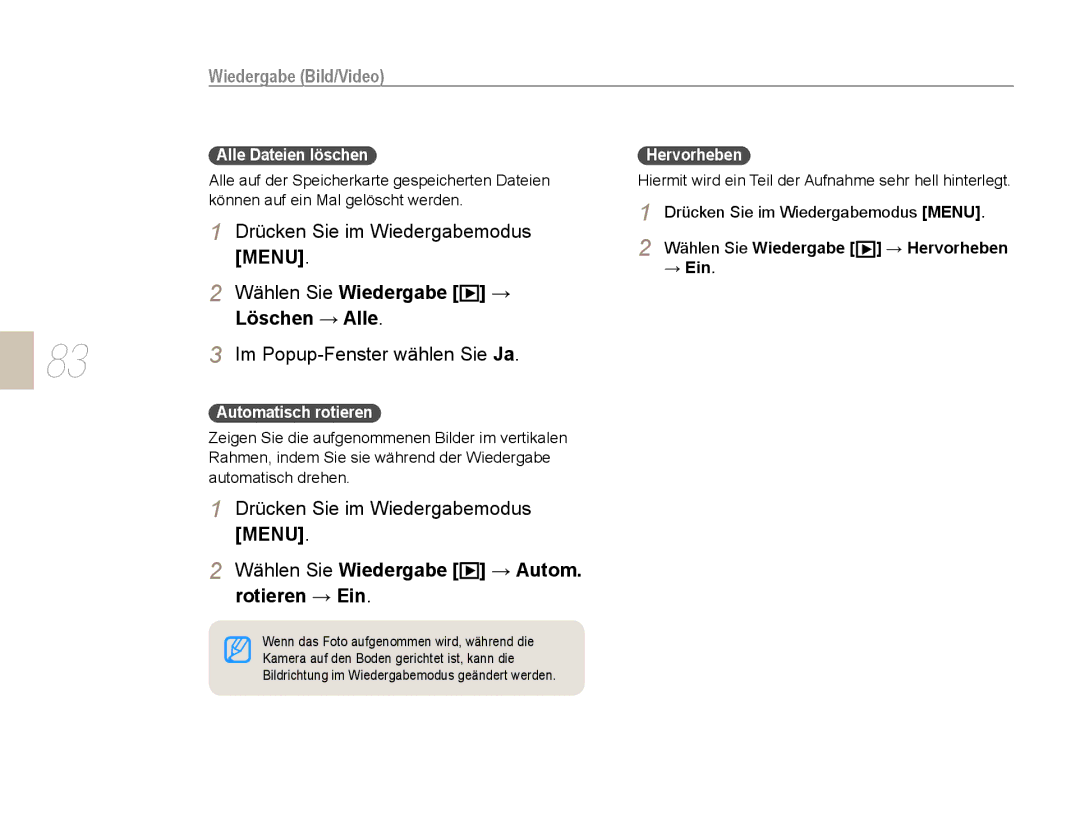 Samsung EV-NX5ZZZBABDE manual Drücken Sie im Wiedergabemodus Menu, Wählen Sie Wiedergabe Löschen → Alle, Rotieren → Ein 