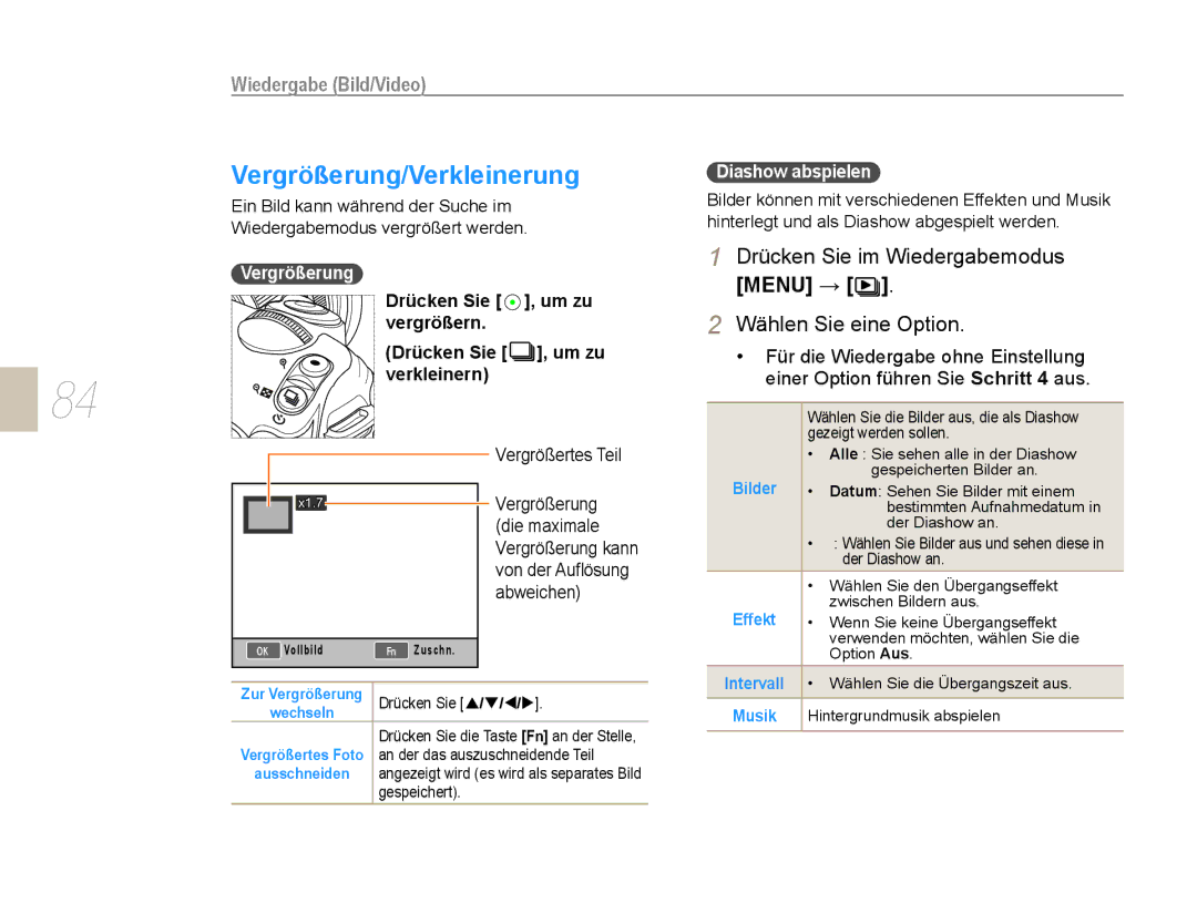 Samsung EV-NX5ZZZBABDE manual Vergrößerung/Verkleinerung 