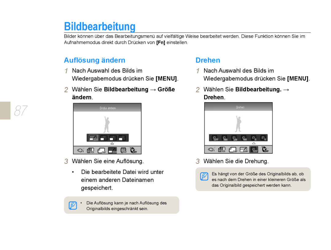 Samsung EV-NX5ZZZBABDE manual Auﬂösung ändern, Drehen, Wählen Sie Bildbearbeitung → Größe ändern 