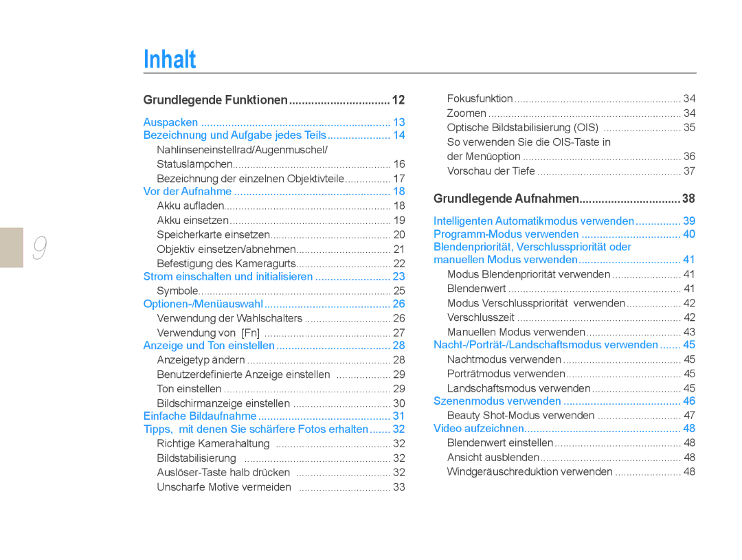 Samsung EV-NX5ZZZBABDE manual Inhalt, Nahlinseneinstellrad/Augenmuschel 