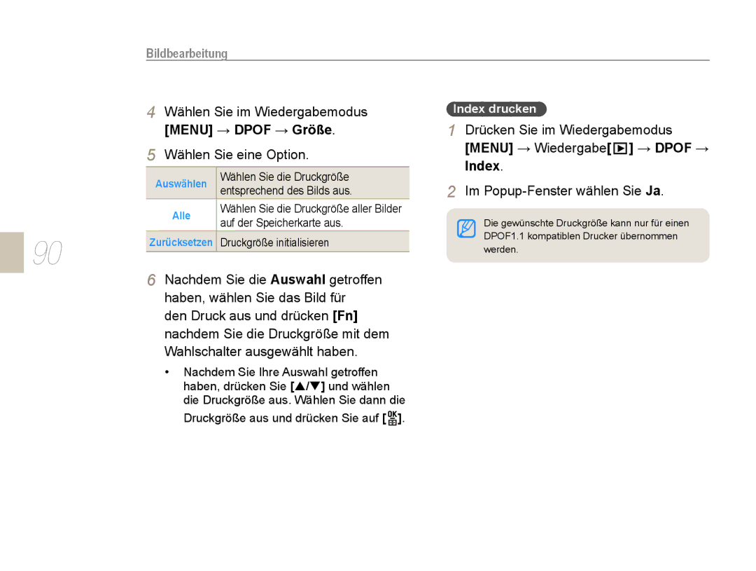 Samsung EV-NX5ZZZBABDE manual Wählen Sie im Wiedergabemodus, Menu → Dpof → Größe, Menu → Wiedergabe → Dpof →, Index 