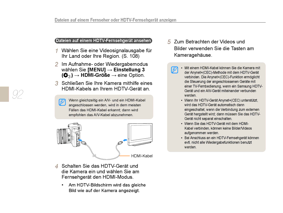 Samsung EV-NX5ZZZBABDE manual Dateien auf einem Fernseher oder HDTV-Fernsehgerät anzeigen, Wählen Sie Menu → Einstellung 