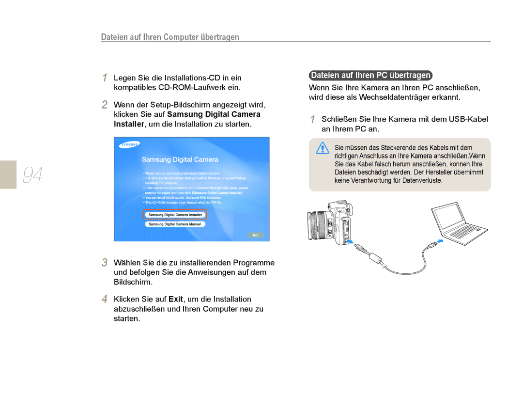 Samsung EV-NX5ZZZBABDE manual Dateien auf Ihren Computer übertragen, Dateien auf Ihren PC übertragen 