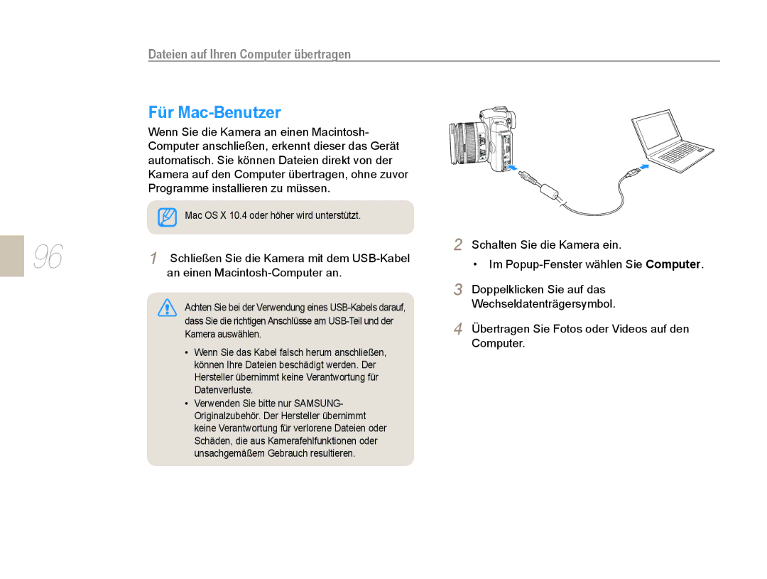 Samsung EV-NX5ZZZBABDE manual Für Mac-Benutzer, Schließen Sie die Kamera mit dem USB-Kabel, An einen Macintosh-Computer an 