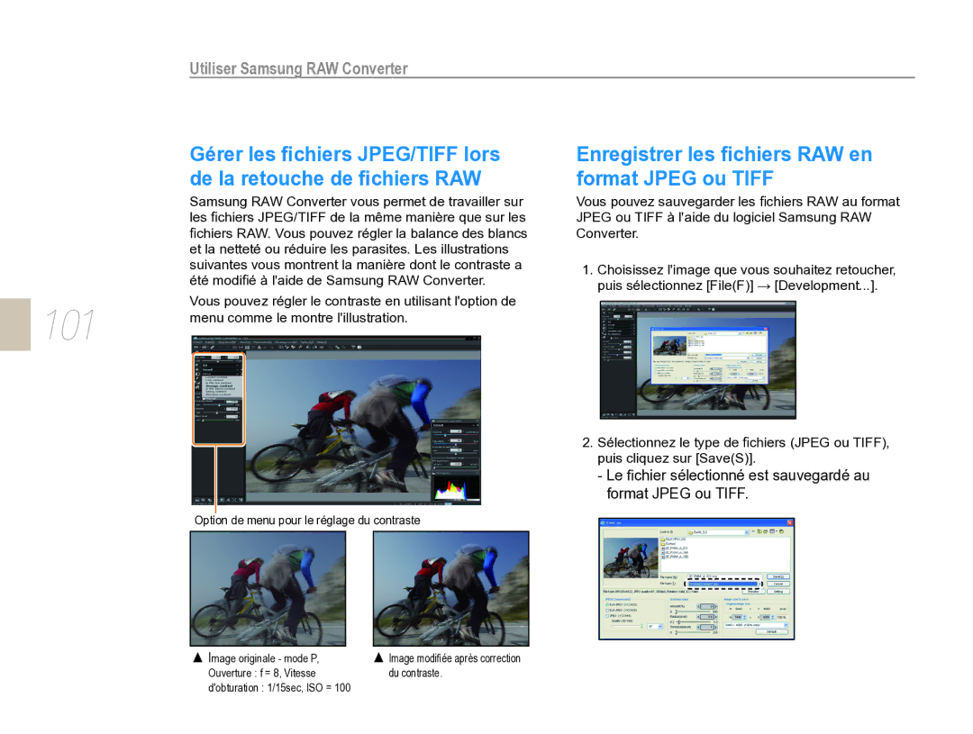 Samsung EV-NX5ZZZBABFR manual 101, Enregistrer les ﬁchiers RAW en format Jpeg ou Tiff 