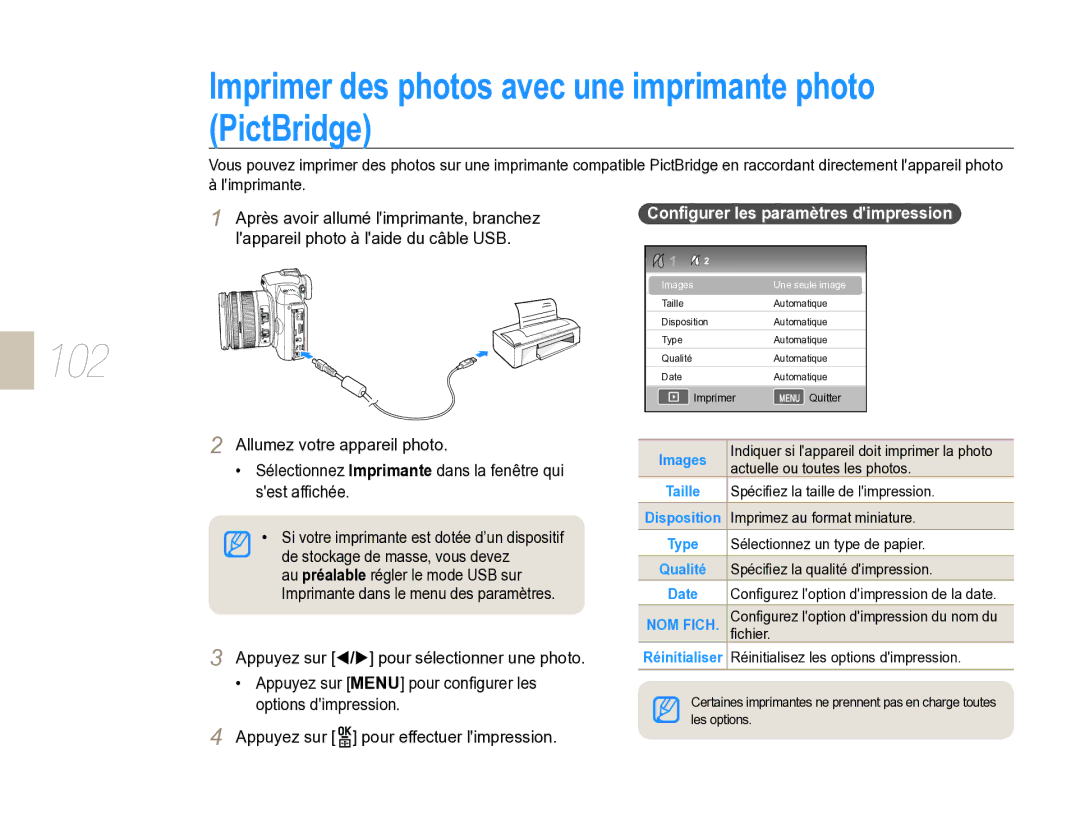 Samsung EV-NX5ZZZBABFR Imprimer des photos avec une imprimante photo PictBridge, Conﬁgurer les paramètres dimpression 