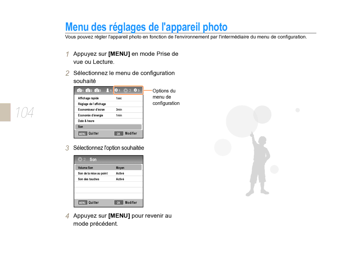 Samsung EV-NX5ZZZBABFR manual Menu des réglages de lappareil photo, Options du menu de conﬁguration 