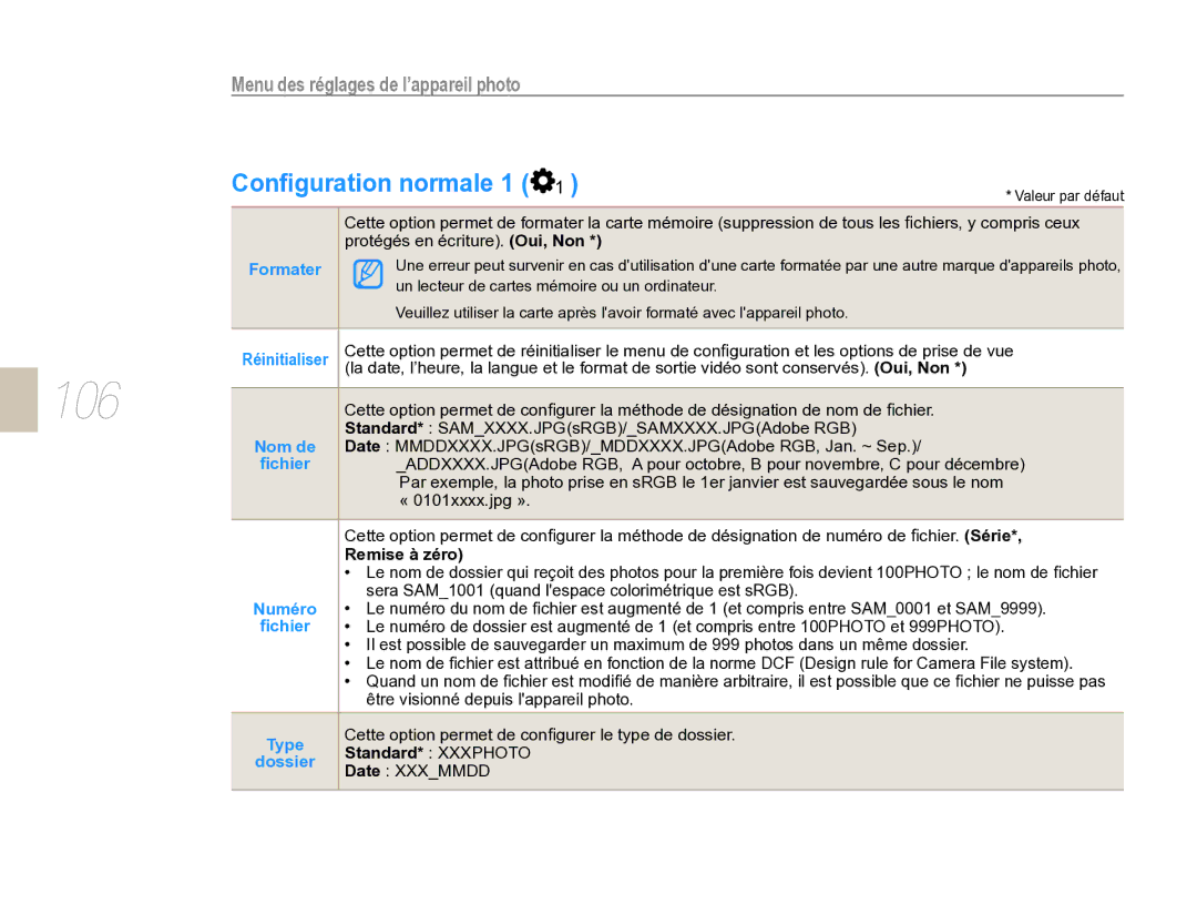 Samsung EV-NX5ZZZBABFR manual 106, Conﬁguration normale 1, Formater, Remise à zéro, Standard* Xxxphoto 