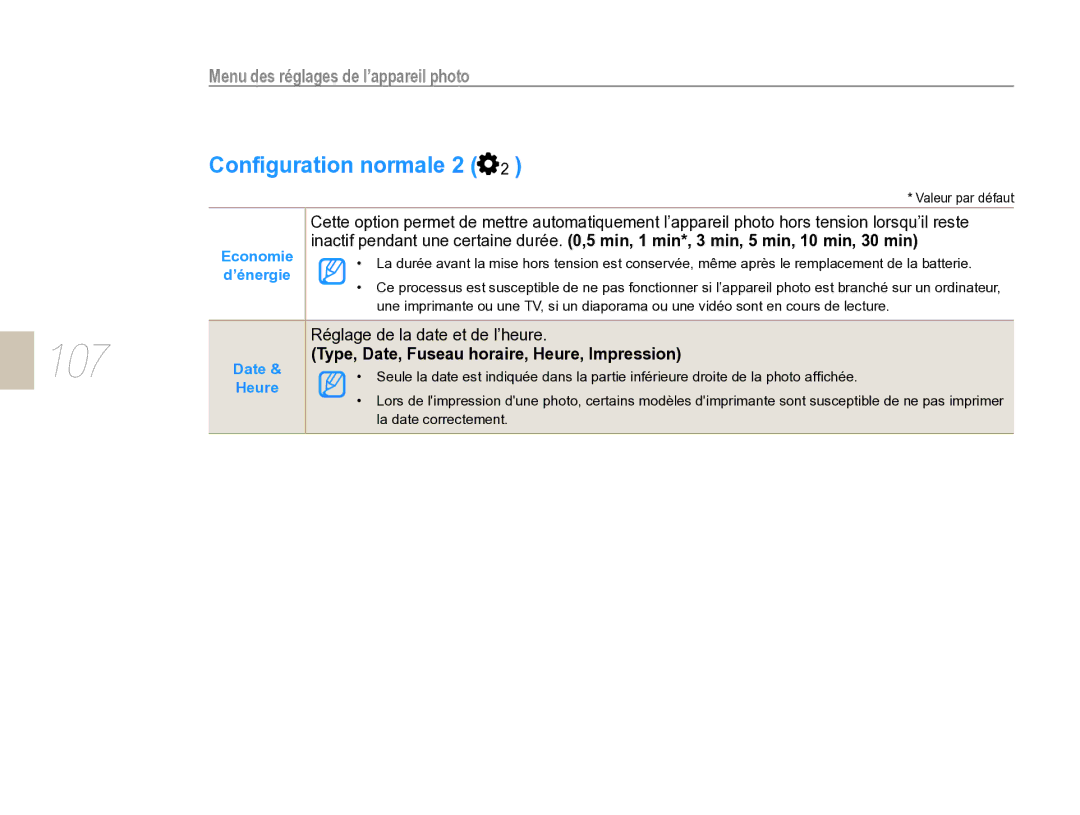 Samsung EV-NX5ZZZBABFR manual 107, Configuration normale 2, Réglage de la date et de l’heure 