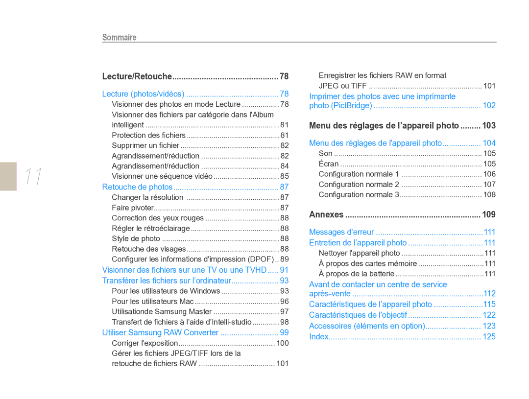 Samsung EV-NX5ZZZBABFR manual Menu des réglages de l’appareil photo 