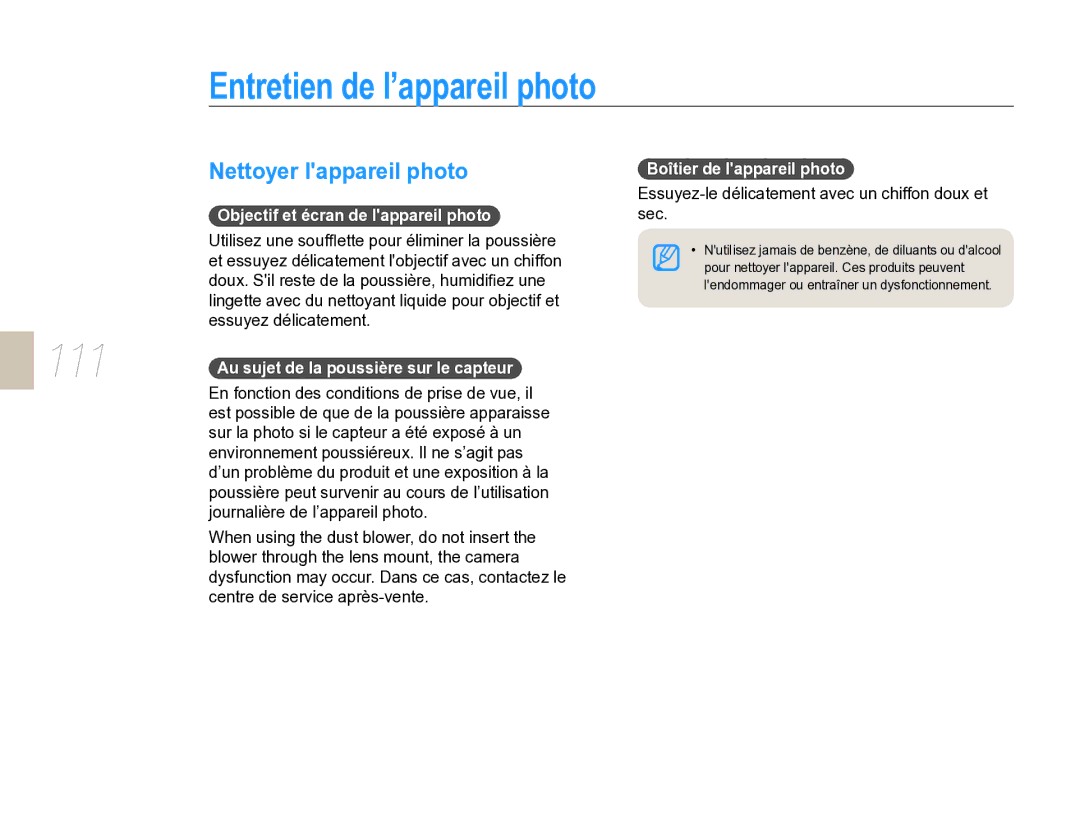 Samsung EV-NX5ZZZBABFR manual Entretien de l’appareil photo, Nettoyer lappareil photo, Objectif et écran de lappareil photo 