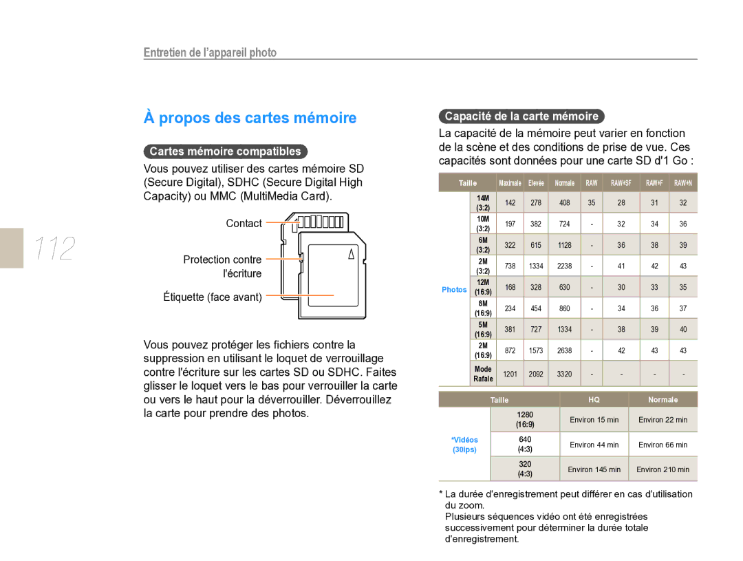 Samsung EV-NX5ZZZBABFR manual 112, Propos des cartes mémoire, Entretien de l’appareil photo, Cartes mémoire compatibles 