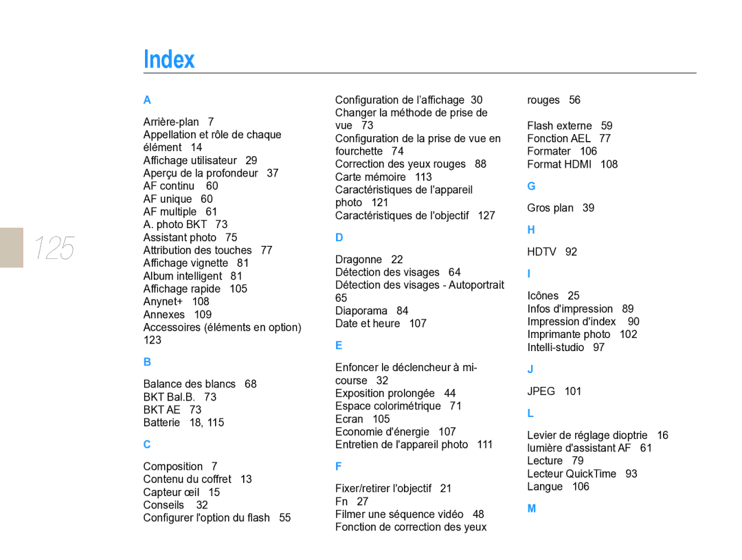 Samsung EV-NX5ZZZBABFR manual Index, 125 