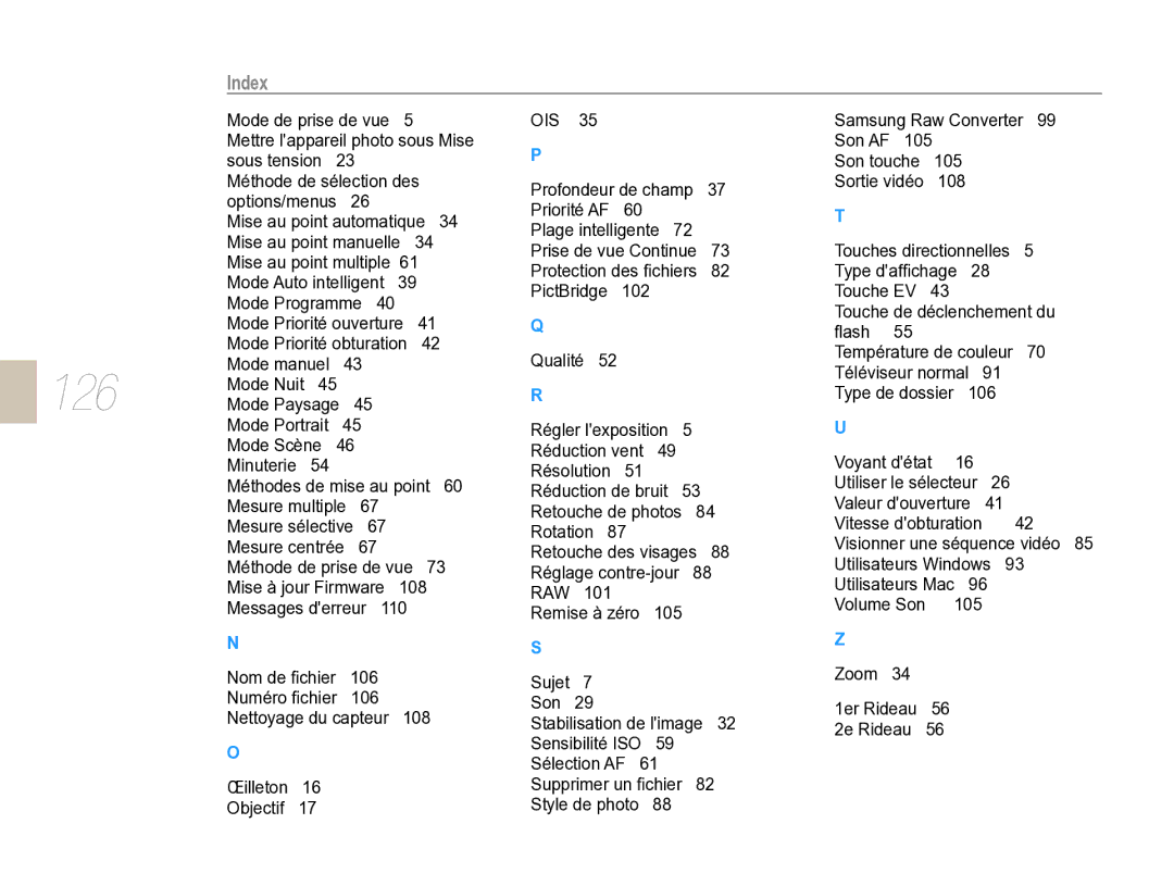 Samsung EV-NX5ZZZBABFR manual 126, Index 