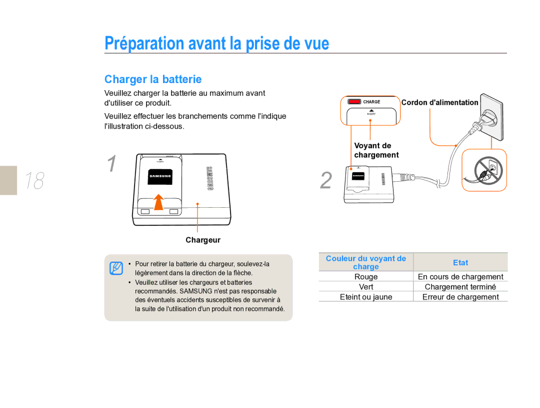 Samsung EV-NX5ZZZBABFR manual Préparation avant la prise de vue, Charger la batterie, Chargeur, Voyant de chargement 