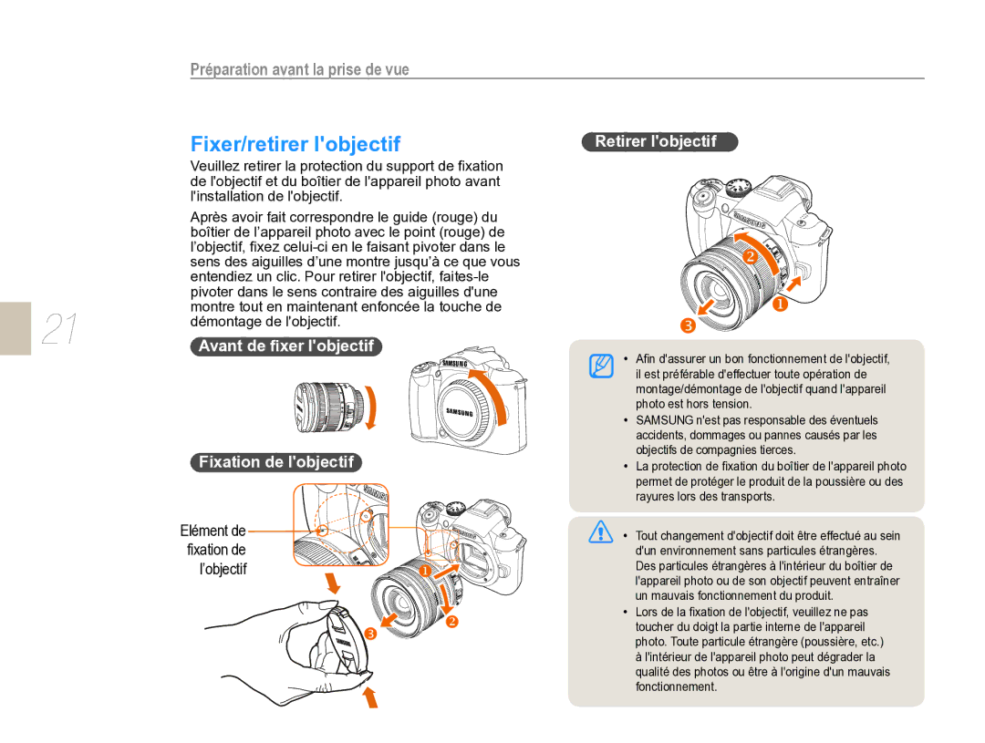 Samsung EV-NX5ZZZBABFR manual Fixer/retirer lobjectif, Retirer lobjectif, Fixation de lobjectif 