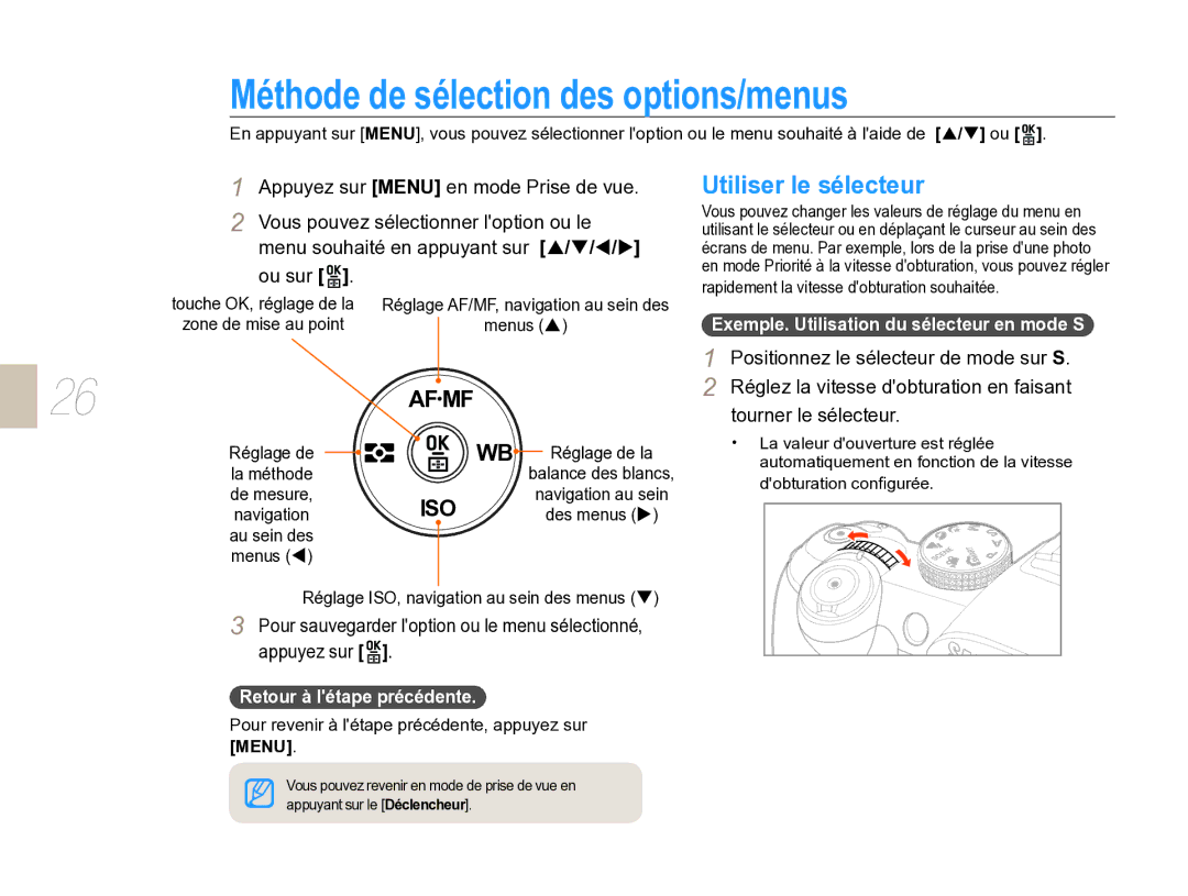 Samsung EV-NX5ZZZBABFR manual Méthode de sélection des options/menus, Utiliser le sélecteur, Tourner le sélecteur 