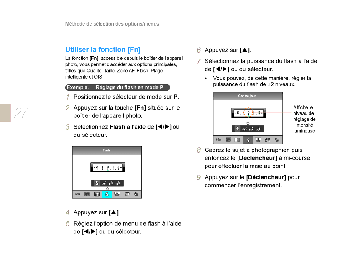 Samsung EV-NX5ZZZBABFR manual Utiliser la fonction Fn, Méthode de sélection des options/menus 