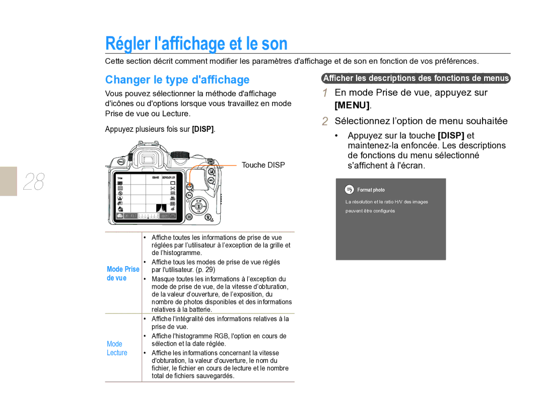 Samsung EV-NX5ZZZBABFR manual Régler lafﬁchage et le son, Changer le type dafﬁchage, De vue 