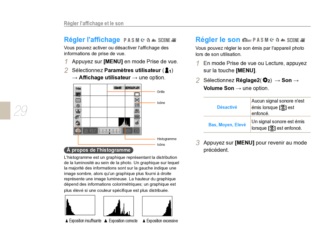 Samsung EV-NX5ZZZBABFR manual Régler lafﬁchage, Régler le son, Régler l’afﬁchage et le son, Propos de lhistogramme 
