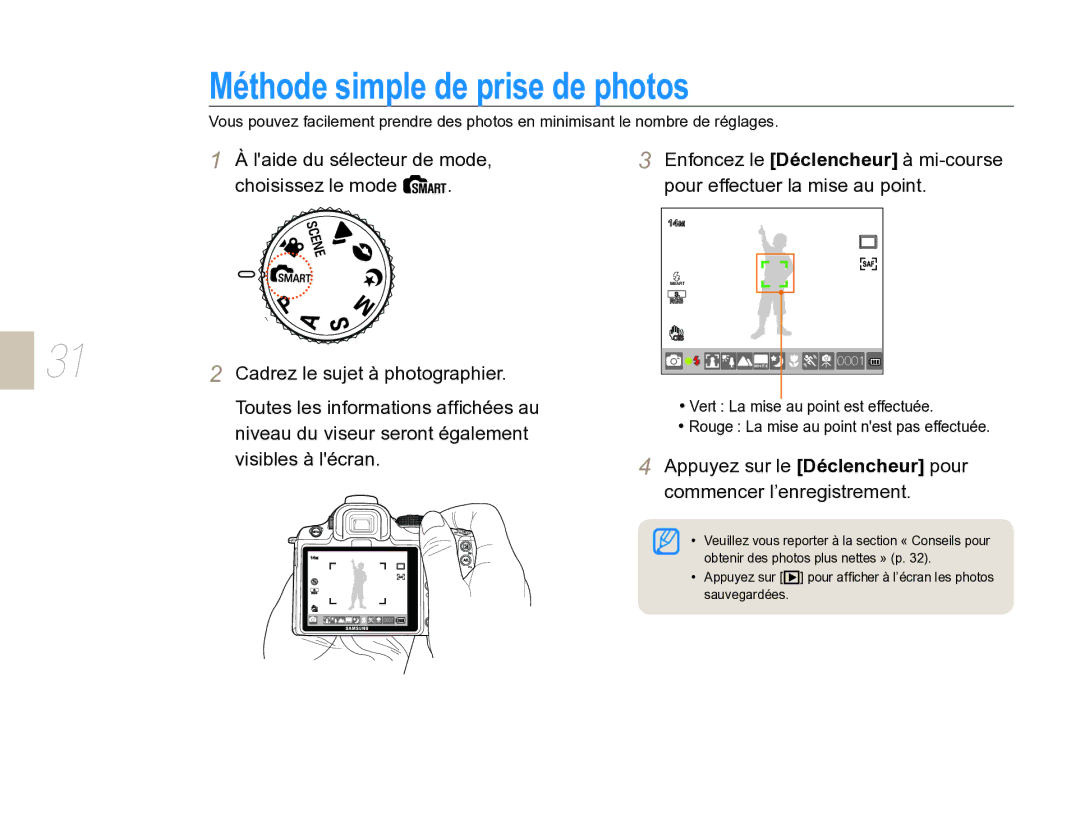 Samsung EV-NX5ZZZBABFR manual Méthode simple de prise de photos, Appuyez sur le Déclencheur pour commencer l’enregistrement 