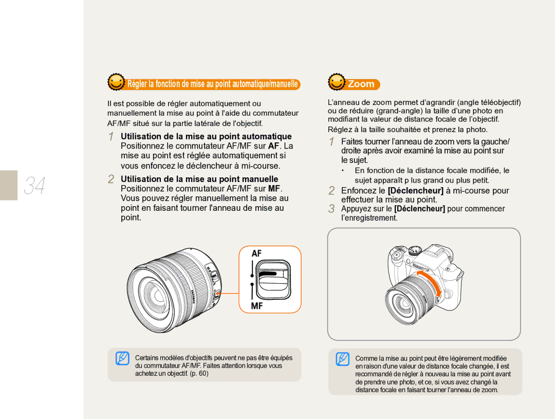 Samsung EV-NX5ZZZBABFR manual Utilisation de la mise au point automatique, Utilisation de la mise au point manuelle 